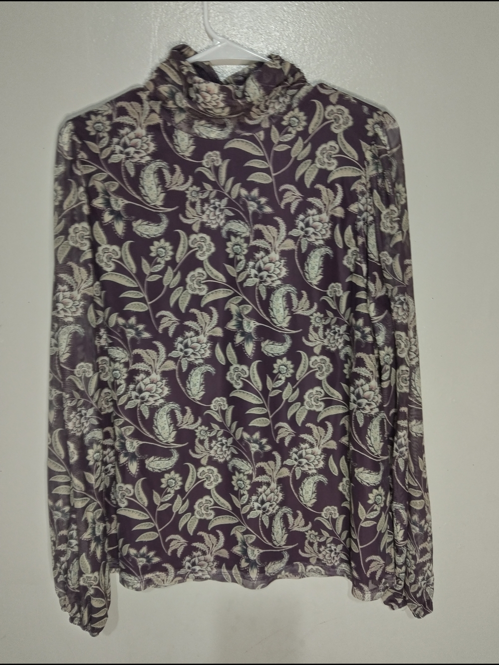 Wonderly Plum and Cream Floral Mock Neck Long Sleeve Blouse